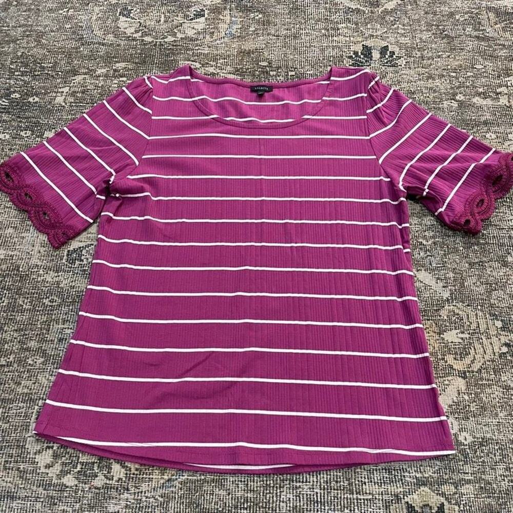 Talbots XL Magenta White Striped Ribbed Knit Top Crochet Trim Bell Sleeve